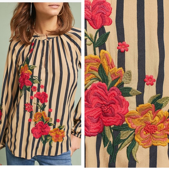 Anthropologie Tops - Anthropologie Sz M Embroidered Floral Blouse EUC